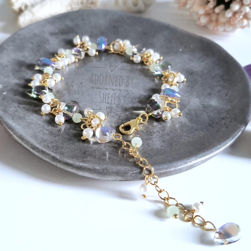 Charms Beaded Bracelet, Blue Mint Green Teardrop Crystals & Pearls Gold Jewelry